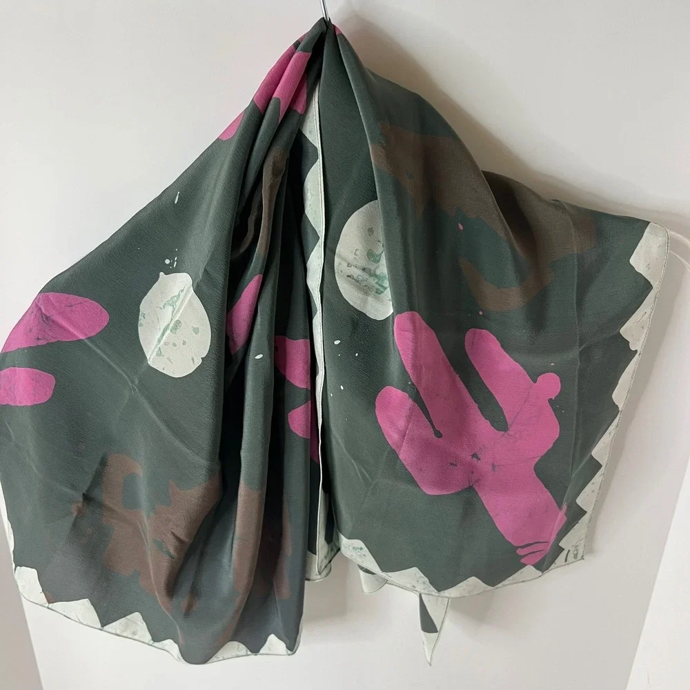 Womens Aztec Desert Wolf Cactus Scarf Square‎ Gray Pink White 33 x 35
